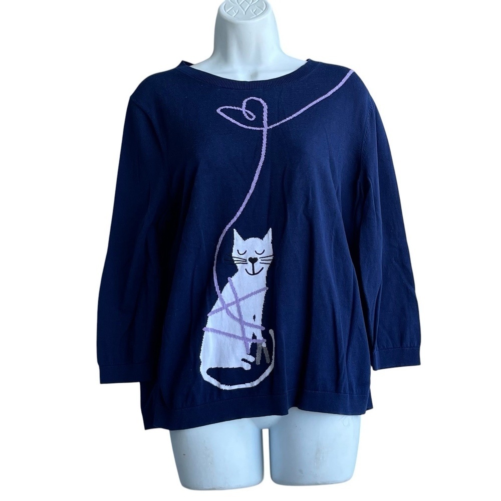 Talbots Navy Cat Heart Sweater Petites XL Crew Neck 3/4 Sleeve Cotton Pullover